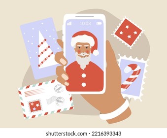 vector illustration in a flat style on the theme of christmas. santa claus on smartphone screen, postcards, letters, postage stamps