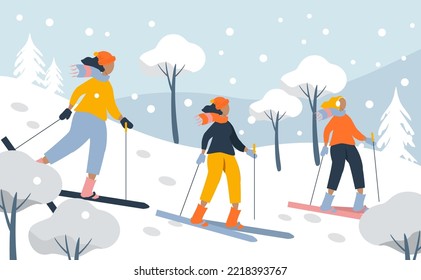 ilustración vectorial en un estilo plano sobre el tema del pasatiempo invernal. mujeres felices esquiando por la montaña