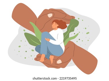 vector illustration in a flat style on the theme of psychological safety, care. the girl sits on a big hand, hugging her knees