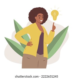 ilustración vectorial en un estilo plano sobre el tema de la inspiración con una idea. joven mujer negra y lámpara