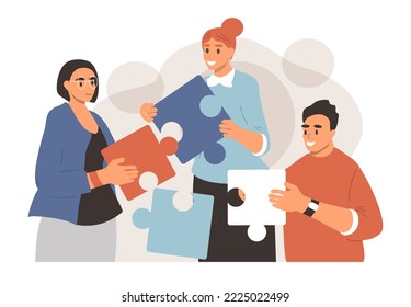 vector illustration in flat style on the theme of teamwork. people hold puzzle pieces. friendly staff, close-knit work. illustration for web, magazines, apps