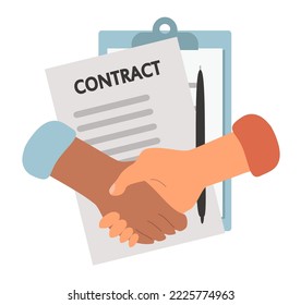 vector illustration in a flat style on the theme of partnership in business, the conclusion of an agreement. handshake and contract