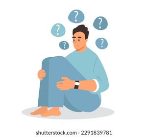 vector illustration in a flat style on the theme of emotional burnout, apathy, depression. a sad man sits hugging his knees