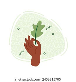Vector illustration in flat style on the theme of environmentally friendly products. A hand holds a green leaf.