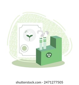 Vector illustration in flat style on the theme of clean energy and respect for the planet’s resources. Factory illustration and quality certificate for clean and environmentally friendly energy.