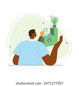 Vector illustration in flat style on the theme of clean energy and respect for the planet’s resources. A man holds in his hands a factory that produces clean electricity