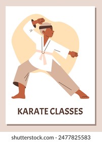 Vector illustration in a flat style on a white background with a boy kimono, belt and headband, in a fighting pose, demonstrating karate martial art skills