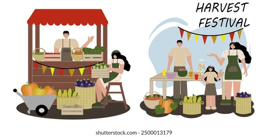 Vector illustration in flat style on white background: farmers selling their produce at market and family celebrating harvest festival. For seasonal decorations, farm-related content