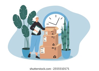 vector illustration in a flat style on the theme of moving. the girl and a lot of boxes