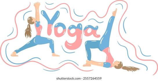 Vector illustration in flat style on the theme of yoga. Yoga class, yoga poses. Active lifestyle, stretching.