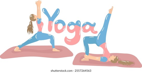 Vector illustration in flat style on the theme of yoga. Yoga class, yoga poses. Active lifestyle, stretching.