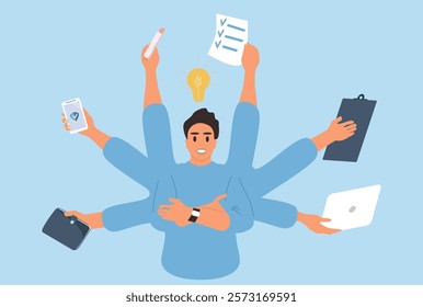 vector illustration in flat style on the theme of multitasking, 