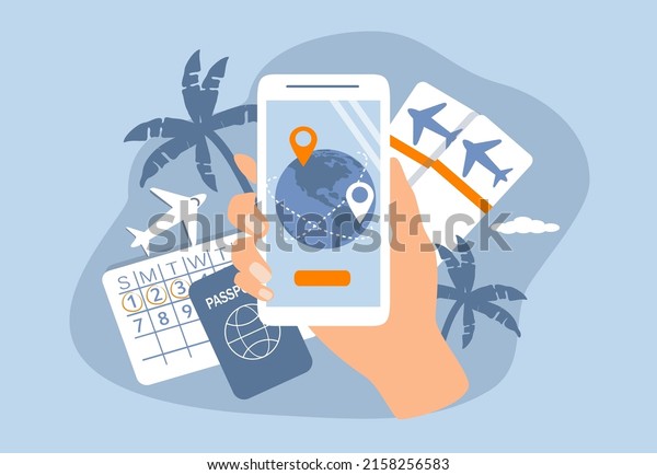 vector\
illustration in a flat style on the theme of ordering air tickets\
online. hand with a smartphone on the screen of which the globe,\
air tickets, passport, calendar, palm trees,\
plane