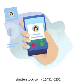 Vector illustration in flat style. One hand holds smartphone and finger touch screen. Network and communication technology concept phone 