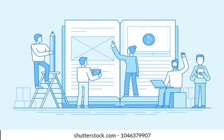 Vector illustration in flat style - online education concept - small people studying near big tablet pc with e-book and online course