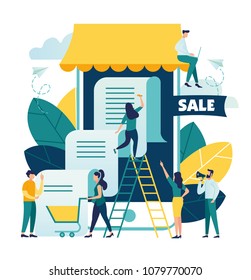 Vector illustration, flat style, online shopping, receiving a check through the phone, business concept, online store, buying and selling vector