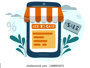 Vector illustration, flat style, online shopping, order online through the phone, online store, business concept, buying and selling for your design