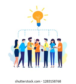 vector illustration in a flat style, online assistant at work. promotion in the network. manager at remote work, searching for new ideas solutions, working together in the company, brainstorming