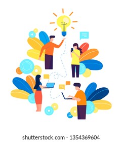 Vector illustration in a flat style, online work in the internet. promotion in the network. manager at remote work, searching for new ideas solutions, working together in the company, brainstorming
