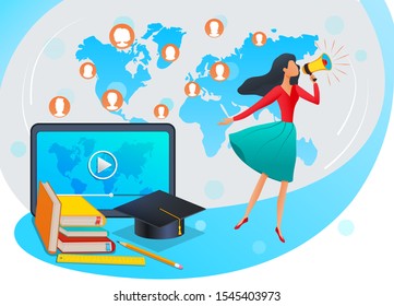 Vector illustration in flat style - online education, training courses, specialization or webinar - woman with megaphone making announcement near tablet with video, world map and books. 