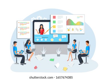 Vector illustration, flat style - online education, business training, workshop, presentation - training of office staff, students watching video tutorial, webinar, podcast. Teacher on computer screen
