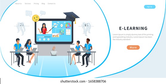 Vector illustration, flat style - online education, distance learning - students watching video tutorial, professional business presentation. Teacher on computer screen. Podcast, training courses