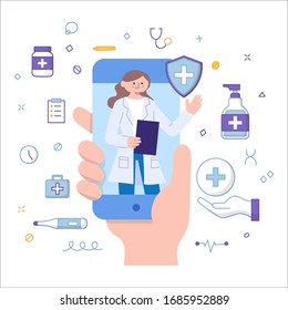 Vector Illustration Flat Style Online Medical Consultation Doctor Meeting Smartphone