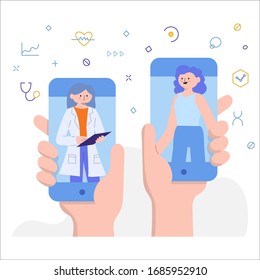 Vector Illustration Flat Style Online Medical Consultation Doctor Meeting Smartphone