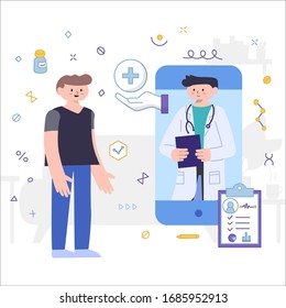 Ilustración vectorial Consulta médica en línea de estilo plano Encuentro con Smartphone
