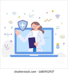 Vector Illustration Flat Style Online Medical Consultation Doctor Meeting Laptop