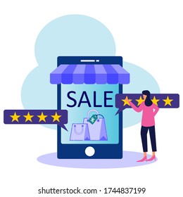 Ilustración vectorial, estilo plano, compra en línea, clasificación por estrellas, recepción de cheques por teléfono, concepto de negocio, tienda en línea, compra y venta.