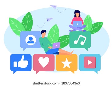 Vector illustration of flat style online communication, channel management, social network, chat, video, news, message, website, friendship, mobile web graphics.