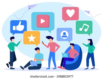 Vector illustration of flat style online communication, channel management, social network, chat, video, news, message, website, friendship, mobile web graphics.