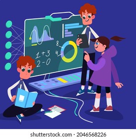 Vector illustration in flat style - online education concept people studying near big tablet pc with e-book and online course