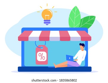 Vector illustration, flat style, opening a small online shop, discounts, purchasing of goods and gifts, investing in real estate, shopping concept. Starting a small business.