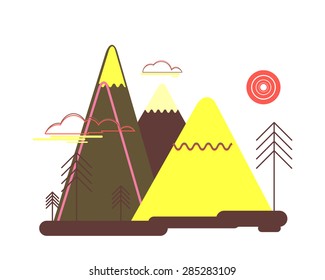 Vector illustration in flat style, outline. Landscape, nature, mountains, trees