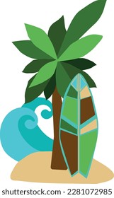 Vector illustration in flat style. Palm tree, sand, waves, surfboard. Logo, summer, surfing, retro