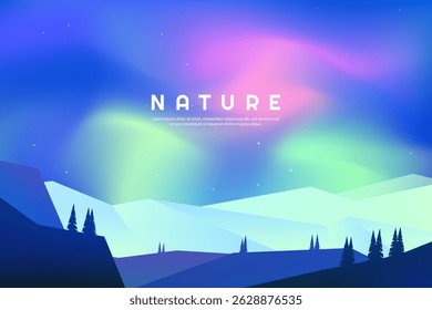 Vector illustration. Flat style panoramic background. Bright gradient color. Design for website, web page template, horizontal banner. Aurora borealis. Colorful night sky with northern lights