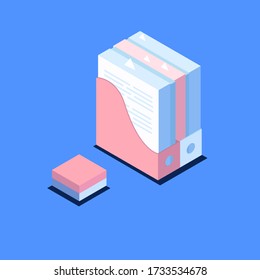 Vector illustration in a flat style of paper, documents and office routines, workspace, paper work, notes stickers blue and pink, folder for storing papers on a blue isolated background