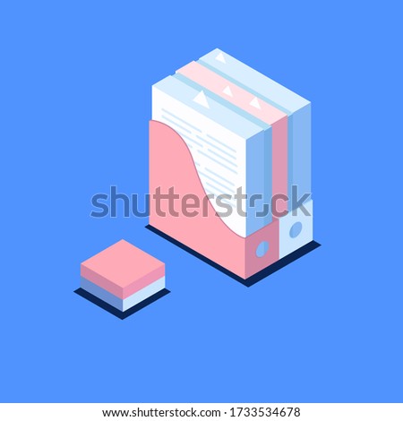 Vector illustration in a flat style of paper, documents and office routines, workspace, paper work, notes stickers blue and pink, folder for storing papers on a blue isolated background