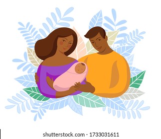 Vector illustration, flat style. Parents caring a baby. Colorful. Floral background. Couple. Mother and father. Family. Happy. Newborn.