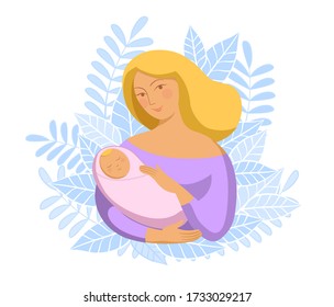 Vector illustration, flat style. Pastel colors. Woman caring a baby. Newborn. Mother. Motherhood. Happy. Floral background.