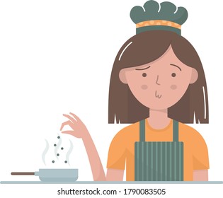 vector illustration in flat style and pastel colors in which the girl prepares food and feels like Gordon Ramsay