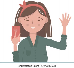 vector illustration in a flat style and pastel colors in which a girl in a green shirt takes a selfie or communicates via video link with her friends
