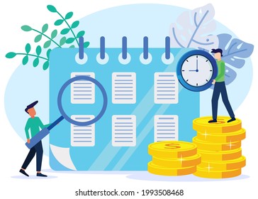 Vector illustration of flat style pay Check, Salary or Payroll Concept. The Director raised the Clock on the Pile of Gold Coins and the Great Calendar Rejoicing in the Earnings of Money Payments.