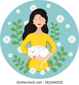 Vector illustration in flat style. A peaceful woman holds a sleeping cat in her arms with daisies around her and branches on a blue background.