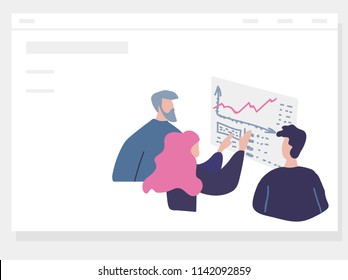 Vector illustration, flat style. People work in a team and interact with graphs. Business, workflow management and office situations. Landing page template.