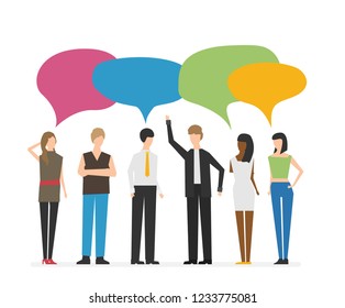 Vector illustration, flat style, people discuss social network, news, social networks, chat, dialogue speech bubbles