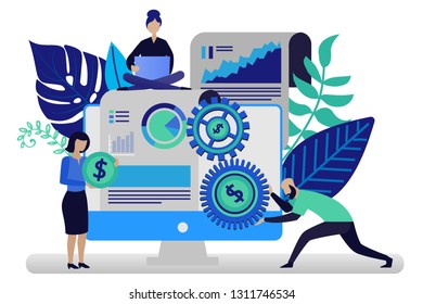  Ilustración vectorial en estilo plano. Gente trabajando con un diagrama para el negocio exitoso. Gente trabajando duro por un futuro mejor. Concepto de negocio para banners y folletos web.