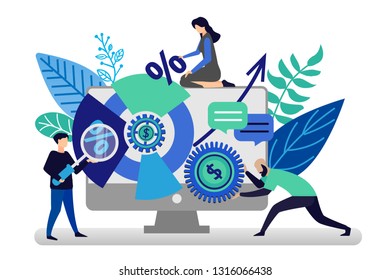 Vector illustration in flat style. People working with diagram for success business. People working hard for better future. Business concept for web banners and brochures.